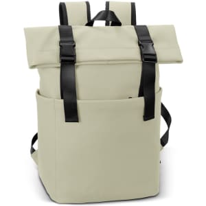 A soft-touch flap backpack in cream with black straps and a front pocket. It features a minimalistic design.