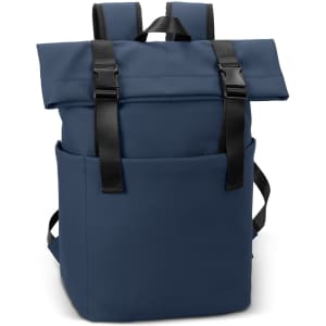A navy blue flap backpack with adjustable straps and a front pocket, featuring a branding logo.