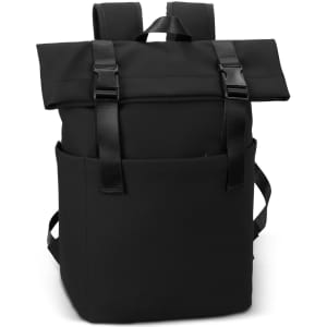A black soft-touch flap backpack with adjustable straps and a front pocket. It features a minimalist design.