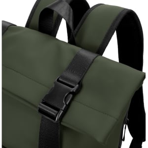 A soft-touch flap backpack in forest green with black straps and a buckle closure. It features a logo on the strap.