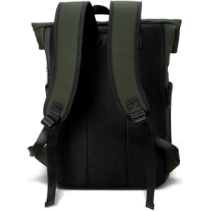 A green and black soft-touch flap backpack with padded shoulder straps and a mesh back panel.