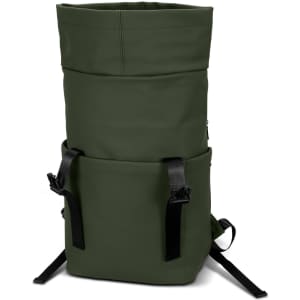 A dark green soft-touch flap backpack featuring adjustable straps and an exterior pocket. It has a sleek, modern design.