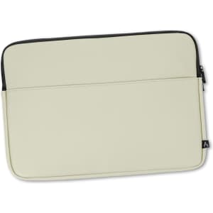 A soft-touch laptop sleeve in cream with a black zipper and a branding logo on the side.