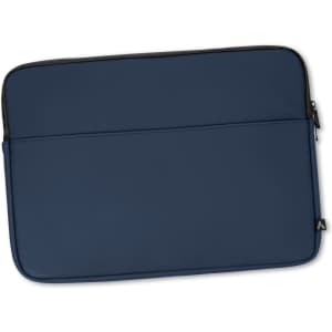 A navy soft-touch laptop sleeve with a zip closure and a branded logo.