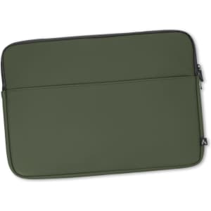 A soft-touch laptop sleeve in olive green with a zippered closure and a logo detail on the side.