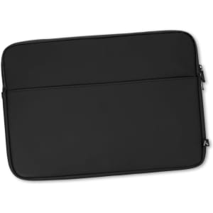A soft-touch black laptop sleeve with an exterior zip pocket and a subtle logo.