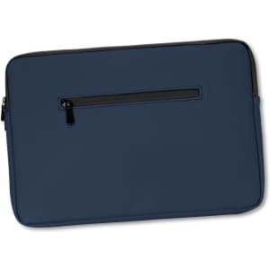 A navy blue soft-touch laptop sleeve with a black zip and a small zippered pocket on the back.