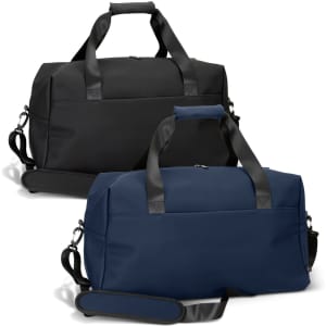 A black and a navy soft-touch duffle bag featuring sturdy handles and a removable shoulder strap, both with a logo.