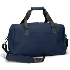 A navy blue duffle bag with black straps and a detachable shoulder strap, featuring a zippered closure and a logo.