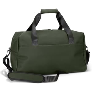 A green soft-touch duffle bag with dual handles and a detachable shoulder strap, featuring a logo.