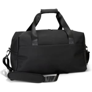A black soft-touch duffle bag with dual handles and a removable shoulder strap. It features a logo.