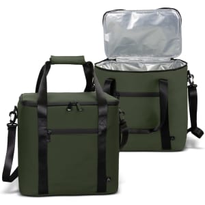 A soft-touch cooler bag in dark green featuring carry handles and a removable shoulder strap, with a silver insulated interior.