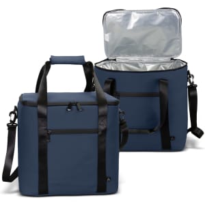 A navy soft-touch cooler bag with a zippered top, two handles, and a detachable shoulder strap, featuring an interior lining.