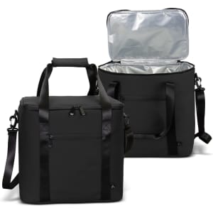 A black soft-touch cooler bag with dual handles and a removable shoulder strap, featuring a silver insulated interior.