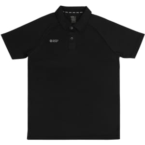 A black unisex polo shirt with a collar and a logo on the front.