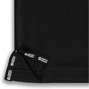 A black polo shirt featuring a mesh fabric design with a logo on the hem.