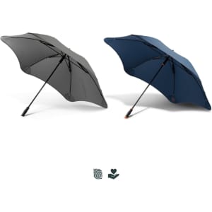 Two BLUNT Sport Umbrellas in grey and navy, featuring a logo and a sleek design.