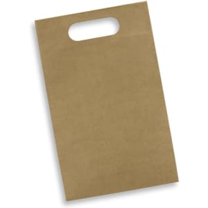 A die cut paper wine bag in a natural brown colour, featuring a handle at the top and a plain design.