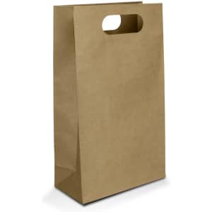 A brown die cut paper wine bag with a handle and flat base. It features a plain design and no visible branding.