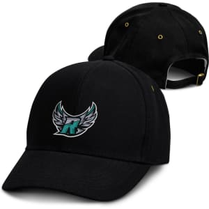 A black cap featuring a logo with wings, displaying a sleek design. The back has an adjustable strap.