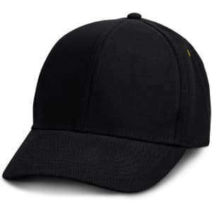 A black cap with a rounded crown and a curved brim, featuring a small logo on one side.