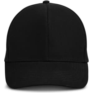 A black cap with a curved brim and a structured front, featuring a logo on the side.