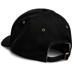 A black cap featuring a curved brim and gold eyelets, with an adjustable strap at the back.