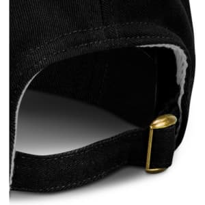 A black cap featuring a metal fastening at the back, showcasing its stitching and material detail.