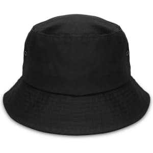 A black bucket hat with a simple design and an eyelet for ventilation, featuring a logo.