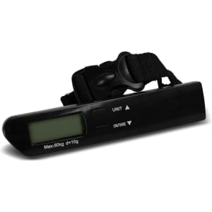 A black travel luggage scale with a digital display and a strap for weighing bags, featuring buttons for unit adjustment.
