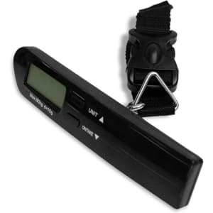 A digital black travel luggage scale with a strap and a small display for weight measurement.