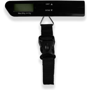 A black travel luggage scale with a digital display and a black strap for weighing. It has a logo on it.