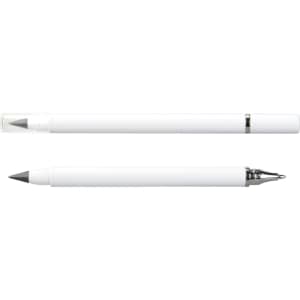 A dual-tip pen in white, showcasing both a fine tip and a marker tip, with a clear cap and metal clip.