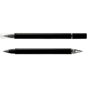 A dual-tip pen in black featuring both a fine point and a broader tip, with a transparent cap on one end.