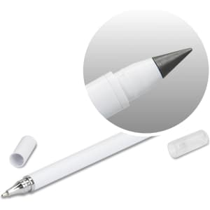 A white dual-tip pen featuring a black ink tip and a removable cap, with a silver accent on the barrel.