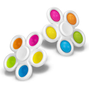 Two flower-shaped fidget spinners in white with pink, orange, yellow, green, and blue buttons.