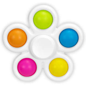 A fidget spinner in a flower shape with orange, pink, yellow, green, and blue buttons on a white base.