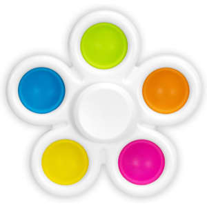A fidget spinner in the shape of a flower with blue, green, orange, pink, and yellow buttons on a white base.