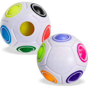 A fidget puzzle ball featuring a white design with colourful buttons in green, blue, red, yellow, and purple.