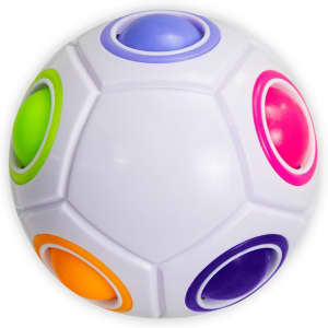 A white fidget puzzle ball with colourful buttons in purple, pink, green, and orange. It features a logo.