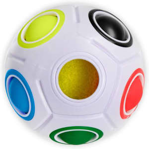 A fidget puzzle ball with a white surface and coloured buttons in blue, green, red, yellow, and black.