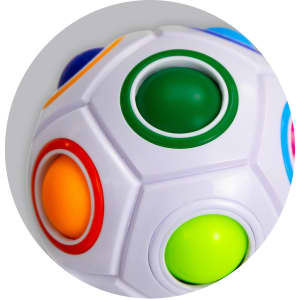 A fidget puzzle ball featuring vibrant colours like orange, green, blue, and red, with a smooth, white surface and logo.