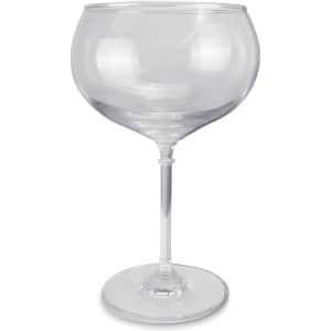 A clear glass with a wide bowl and slender stem, designed for serving drinks.