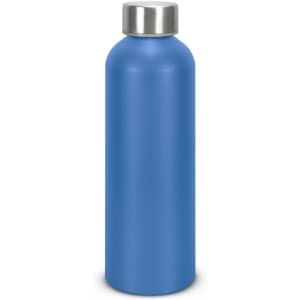 A drink bottle made of recycled aluminium in a vibrant blue colour with a stainless steel cap and a logo.