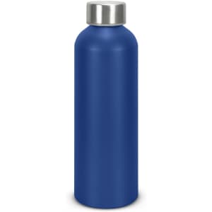 A drink bottle in a deep blue colour with a stainless steel cap and a smooth finish. The bottle features a logo.