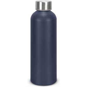 A drink bottle made of recycled aluminium in a deep navy blue hue with a silver screw-top lid and a logo.