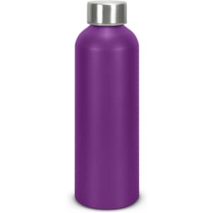 A drink bottle in vibrant purple with a stainless steel cap and a smooth finish. It features a logo.