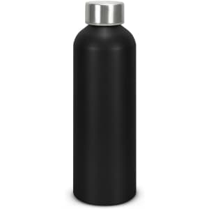 A drink bottle made of recycled aluminium, featuring a matte black finish and a stainless steel cap. It has a logo.