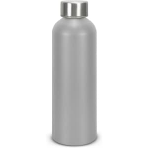 A drink bottle made from recycled aluminium, featuring a sleek silver finish and a metal cap.