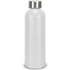 A drink bottle in matte white aluminium with a silver stainless steel cap and a logo.